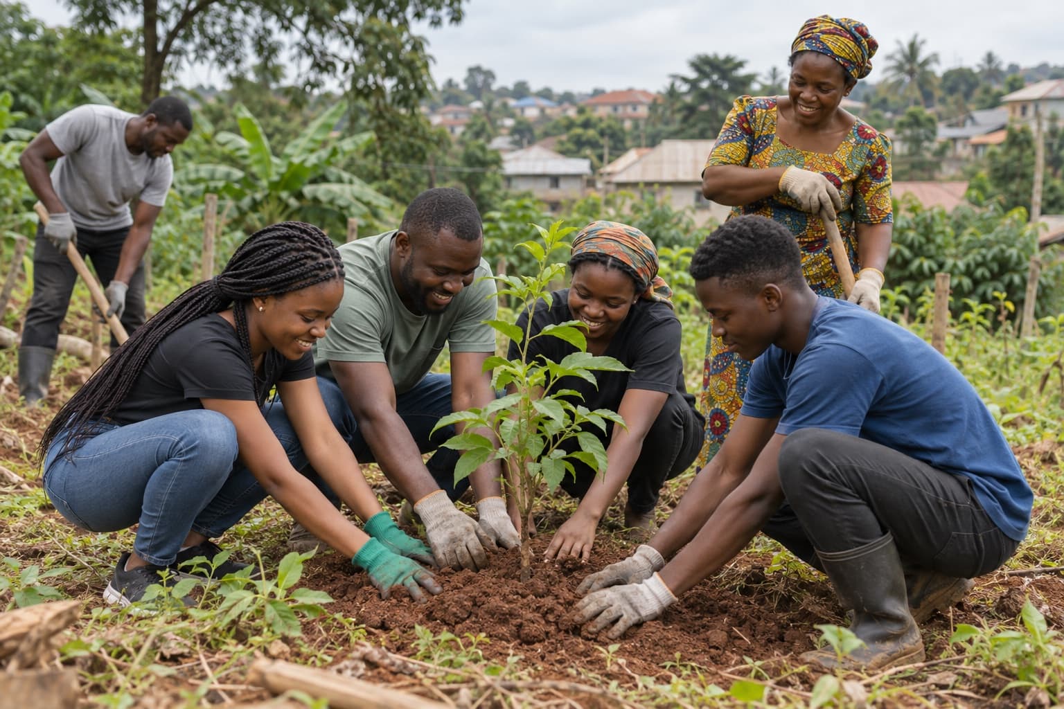 Community volunteers planting a tree together