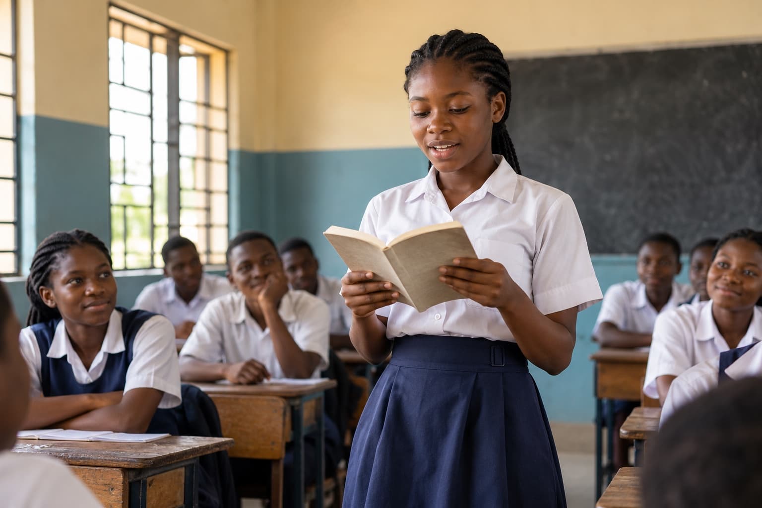 A student reading aloud to her classmates